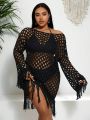 SHEIN Swim BohoFeel 1pc Plus Size Knitted Cover Up Dress With Fringe Decoration And Hollow Out Design