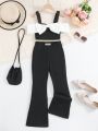 SHEIN Kids CHARMNG Young Girls' Color Block Butterfly Knot Decor Off Shoulder Top And Bell Bottoms Set