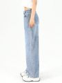 Teen Girls' Vintage & Casual Adjustable Waist Buckle Loose Fit & Comfortable Wide Leg Jeans With Washed Out Light Blue Color