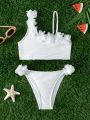 Young Girl Irregular Neckline Swimsuit Set With 3d Flower Decoration