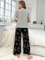 Color Block Floral Print Bowknot Short Sleeve And Long Pants Pajamas Set For Women's Homewear