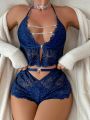 Chain Detail Backless Lace Halter Top & Shorts PJ Set