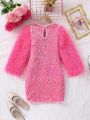 SHEIN Kids QTFun Little Girls' Fuzzy Long Sleeve Sparkly Party Dress For Fall And Winter