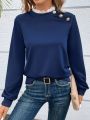 SHEIN Frenchy Women'S Solid Color Sweatshirt With Button Decoration And Lace Collar