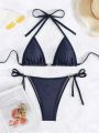 SHEIN Swim HotGoth Solid Halter Triangle Tie Side Bikini Swimsuit