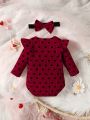 Baby Girl Heart Print Ruffle Trim Bodysuit & Headband