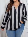 SHEIN LUNE Plus Size Women's Vertical Striped Turn-down Collar Shirt