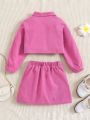 SHEIN Kids EVRYDAY Toddler Girls Floral Embroidery Flap Pocket Jacket & Skirt & Tank Top