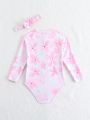 Baby Girl Floral Print Zipper Front Half-Sleeve Rashguard Swimsuit