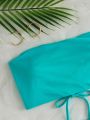 SHEIN Swim Vcay Solid Bikini Set Lace Up Back Reversible Tube Bra & High Waisted Bottom 2 Piece Bathing Suit