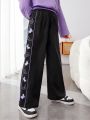 SHEIN Kids EVRYDAY Girls' Butterfly Patterned Knitted Loose Casual Long Pants For Autumn And Winter