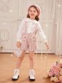 SHEIN Young Girl Peter Pan Collar Blouse & Plaid Print Suspender Shorts