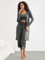 SHEIN Leisure Women'S Long Sleeve Open Front Jacket, Camisole, Pants Home Wear Suit