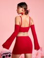 SHEIN PETITE Color Contrasting Glitter Straps & Hollow Shoulder Design Cropped Top And Skirt Matching Set