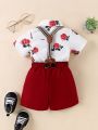 Toddler Boys' Gentlemen Outfit With Floral Printed Short Sleeve Shirt And Suspenders Short Pants