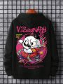 Extended Sizes Men Plus Cartoon & Slogan Graphic Drop Shoulder Drawstring Hoodie