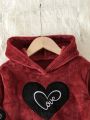 Girls' Fleece Lined Heart Printed Hoodie And Long Pants Set For Autumn And Winter