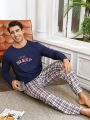 Men'S Letter Printed Long Sleeve T-Shirt And Plaid Pants Homewear