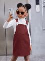 SHEIN Kids Cooltwn Young Girl Turtleneck Tee & Pocket Patched Overall Dress