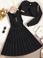 Teen Girls' Sleeveless Pleated Waist Dress With Cropped Jacket 2pcs/Set