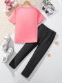SHEIN Kids HYPEME 2pcs Teen Girls' Heart Pattern Short Sleeve T-shirt And Slim Fit Leggings