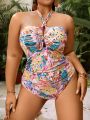 SHEIN Swim Vcay Plus Size Women'S Tropical Plant Printed Halter One-Piece Swimsuit