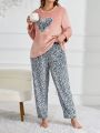 Plus Size Leopard Print Heart Pattern Coral Fleece Pajama Set