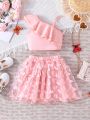 SHEIN Kids CHARMNG Toddler Girls' Romantic And Cute Irregular Shoulder Ruffle Top With Butterfly Decorations And Mesh Skirt Two-Piece Set