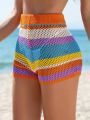 SHEIN Swim BohoFeel Women'S Striped Hollow Out Knit Cover Up Shorts