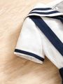 SHEIN Kids Academe Young Boy Casual Simple Sailor Collar Short Sleeve Top And Overalls Shorts Set For Summer