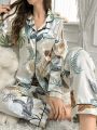 Women's Plant Printed Collar Imitated Silk Pajama Set