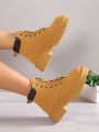 Women's Fashionable Short Boots With Thick Sole, Retro British Style, Casual Yellow Ankle Boots
