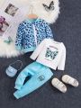 Baby Girls' Fashionable Butterfly Print Long Sleeve T-Shirt With Leopard Print Jacket And Sports Pants 3pcs Outfits