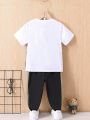SHEIN 2pcs/Set Toddler Boys' Short Sleeve Colorblock Simple English T-Shirt And Pants For Autumn