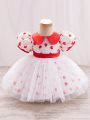 Baby Girls' Heart Printed Dress With Doll Collar, Short Puff Sleeves And Bubble Hem