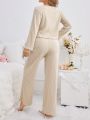 Women's Round Neck Ribbed Long Sleeve And Long Pants Homewear Set