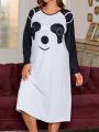 Plus Size Women's Casual Long Sleeve Panda Printed Long Dress