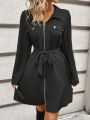 SHEIN LUNE Black Long Sleeve Zipper Front Bodycon Dress