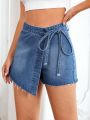 Wrap Knot Side Raw Hem Denim Skort