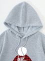 Men Glasses & Letter Graphic Kangaroo Pocket Drawstring Thermal Lined Hoodie