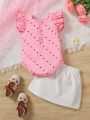 Baby Girl Polka Dot Print Square Neck Romper And Shorts Fashionable Sweet Woven Outfit