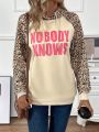 SHEIN LUNE Leopard & Text Pattern Drawstring Hoodie