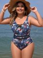 SHEIN Swim Classy Plus Size Women's Floral Printed Elegant One-piece Swimsuit