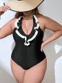 SHEIN Swim Chicsea Plus Size Women'S Color-Block Ruffle Trim Halterneck One Piece Swimsuit