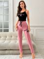 Black Eyelash Lace Trimmed Tank Top And Pink Drawstring Waist Pants Home Clothes