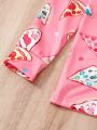 SHEIN Kids Nujoom Funny Pizza Patterned Compression Home Wear Set For Tween Girls