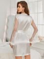 Women'S Mesh Patchwork Flare Sleeve Robe With Lace Trim And Waist Belt