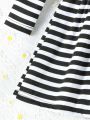 SHEIN Kids EVRYDAY Little Girls' Autumn Fashionable Striped Round Neck Long Sleeve Dress With Heart & Letter Print Design Plus Bag