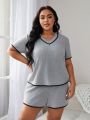 Plus Size Knit Textured Pajama Set With Contrast Trim