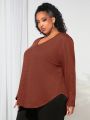 SHEIN CURVE+ Plus Size V-neck Waffle Pattern Long Sleeve T-shirt